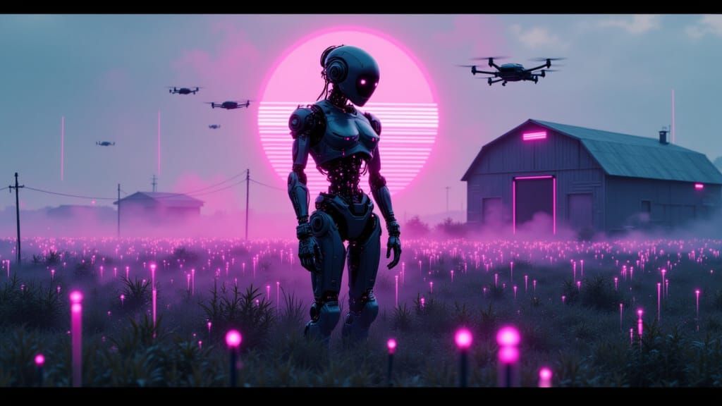 Cyberpunk Robot Farmer in Rural Landscape