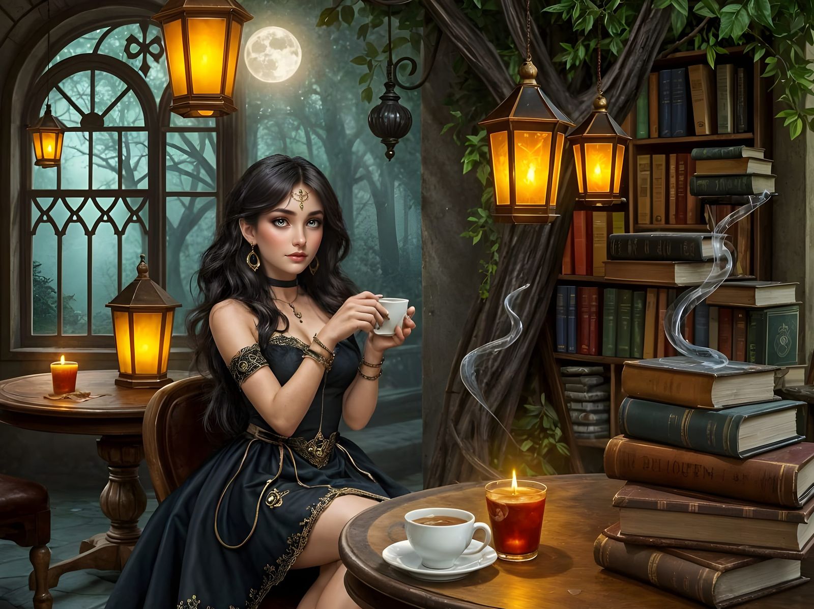 Magical Forest Cafe With Floating Lanterns