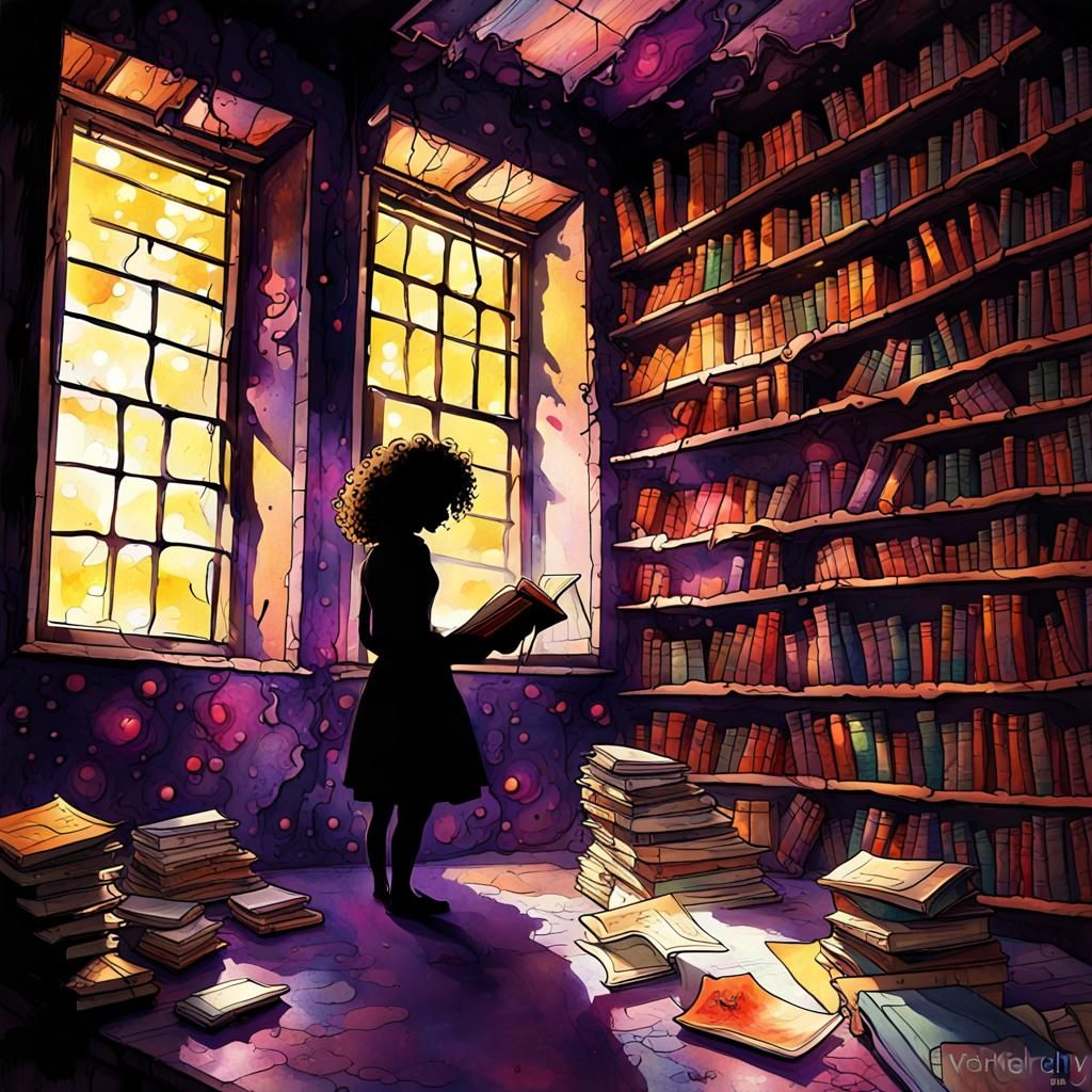 Girl Reading in Haunted Attic, Abstract Watercolor