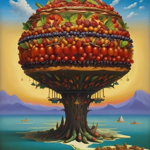 Surreal Fruitcake Colossus in Vladimir Kush Style