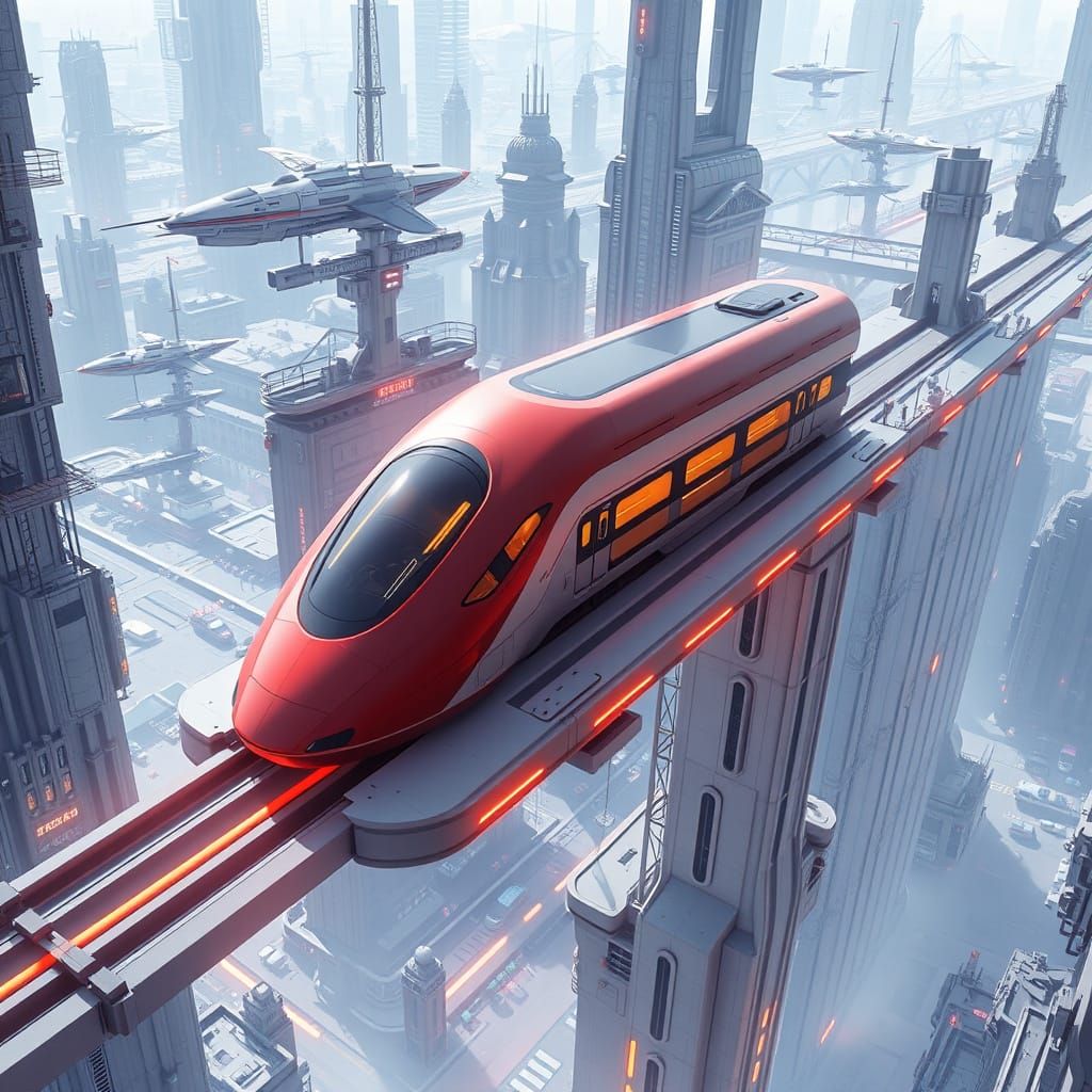 Realistic Futuristic Cityscape with Bullet Train and Flying ...