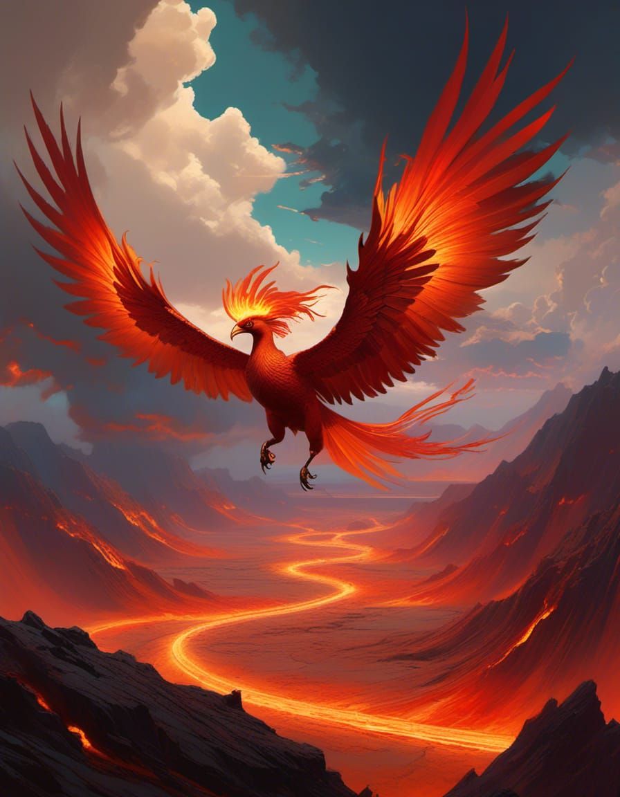 Animated Phoenix in flight over a desolate barren active volcanic Valley, dark clouds low light. Studio Ghibli gothic ar...