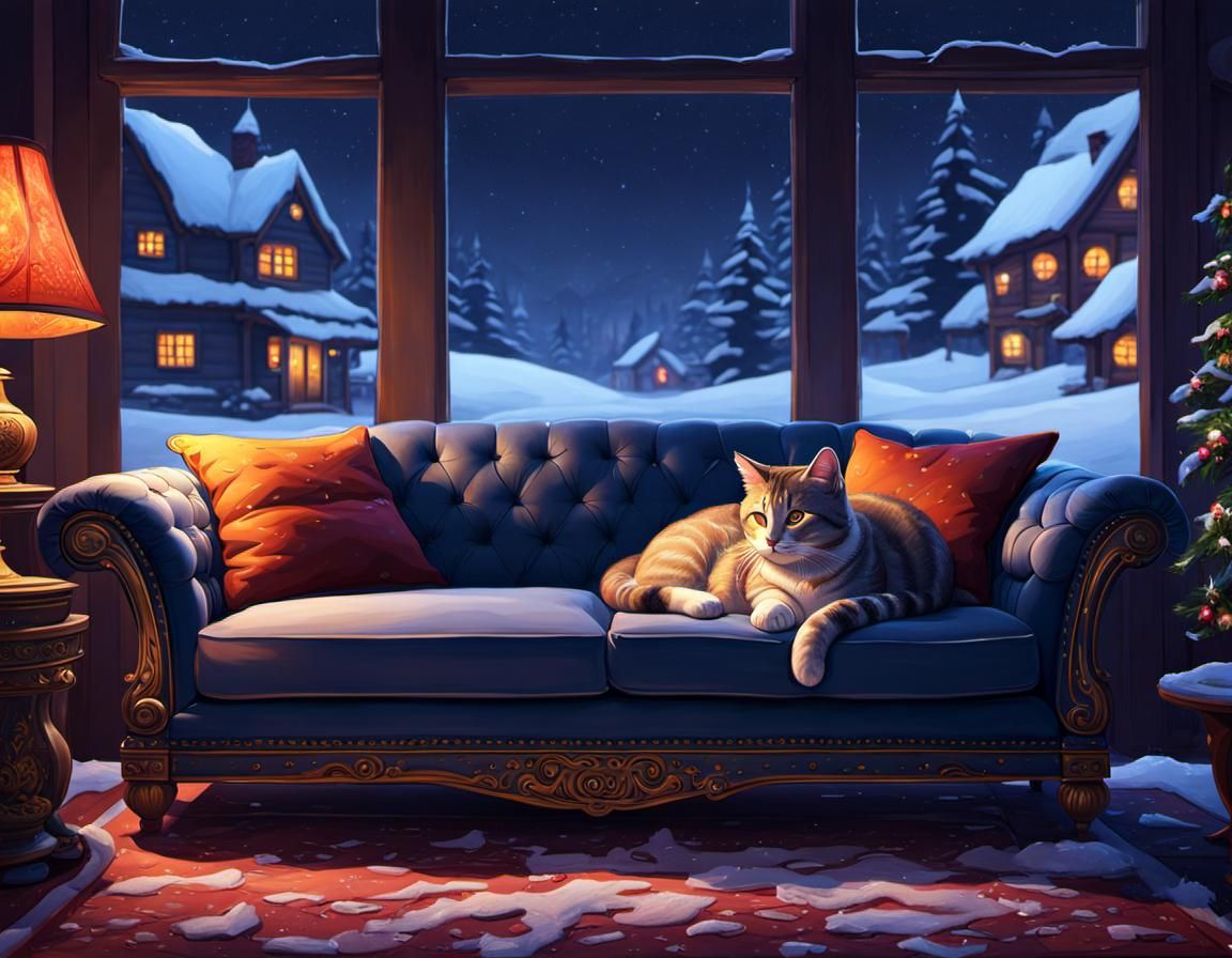 Cozy Living Room at Night: Gouache Painting