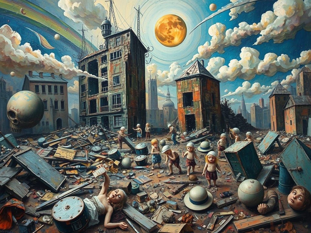 Surreal War Chaos in Vibrant Oil Paint