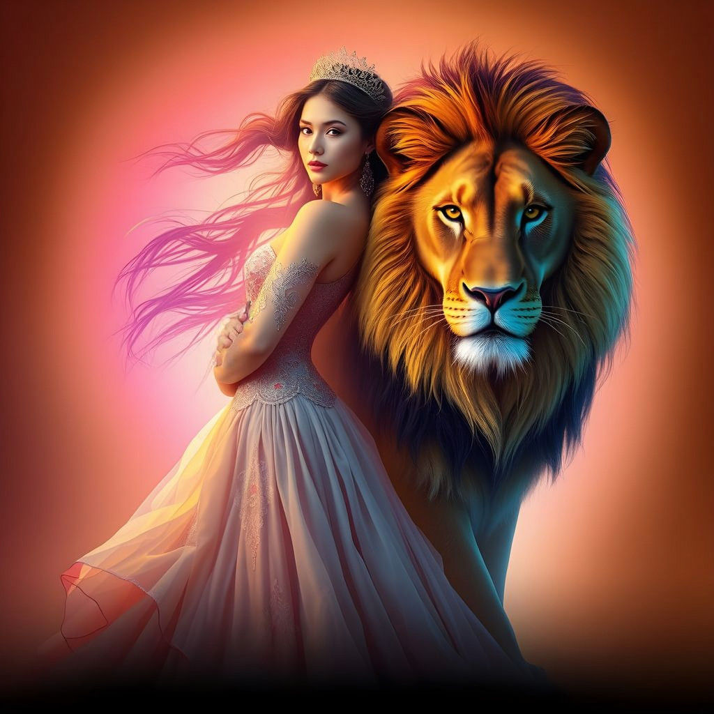 Regal Beauty and Majestic Lion in Vibrant, Hyper-Detailed Ar...