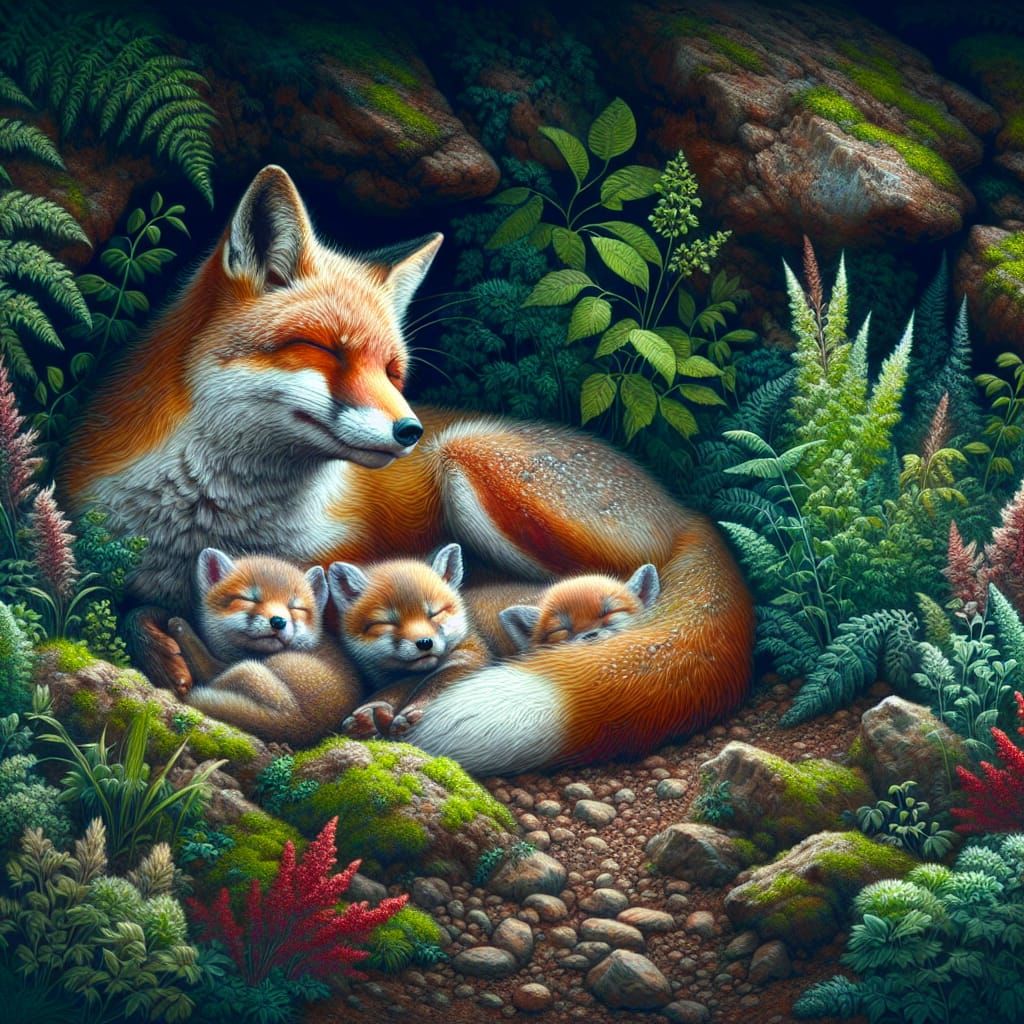 Fox Family Snuggled in Den, Airbrush Style