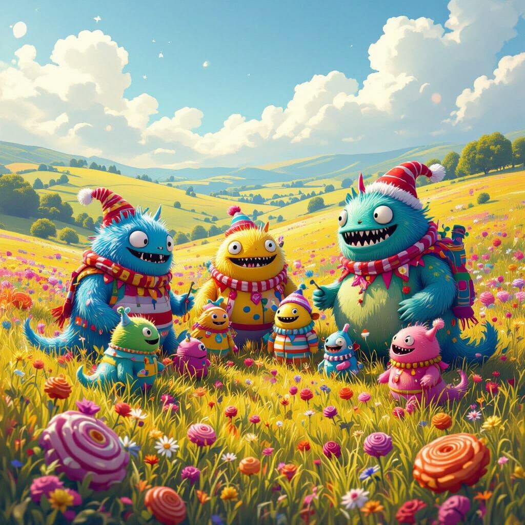 Festive Monsters Celebrate on Licorice Meadows