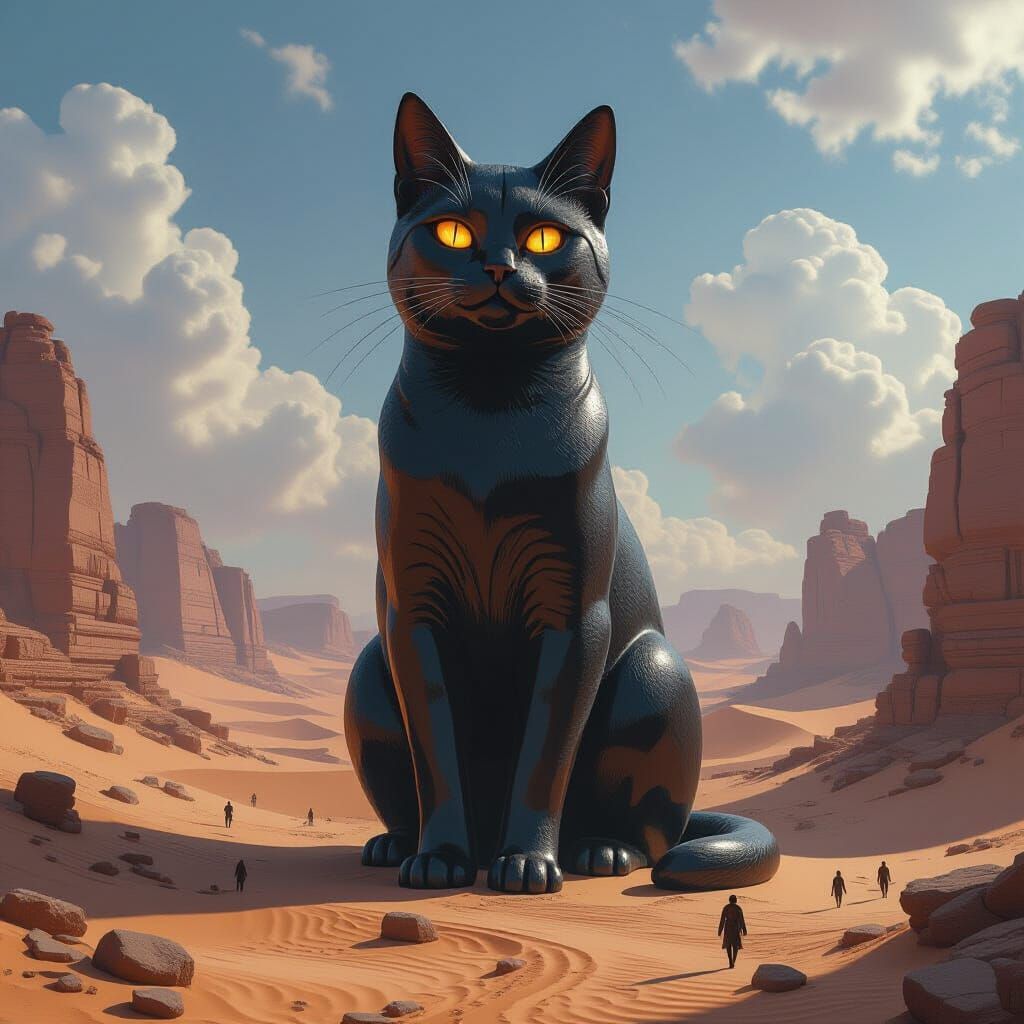 Obsidian Cat Guardian of Desert Oasis in Fantasy Style