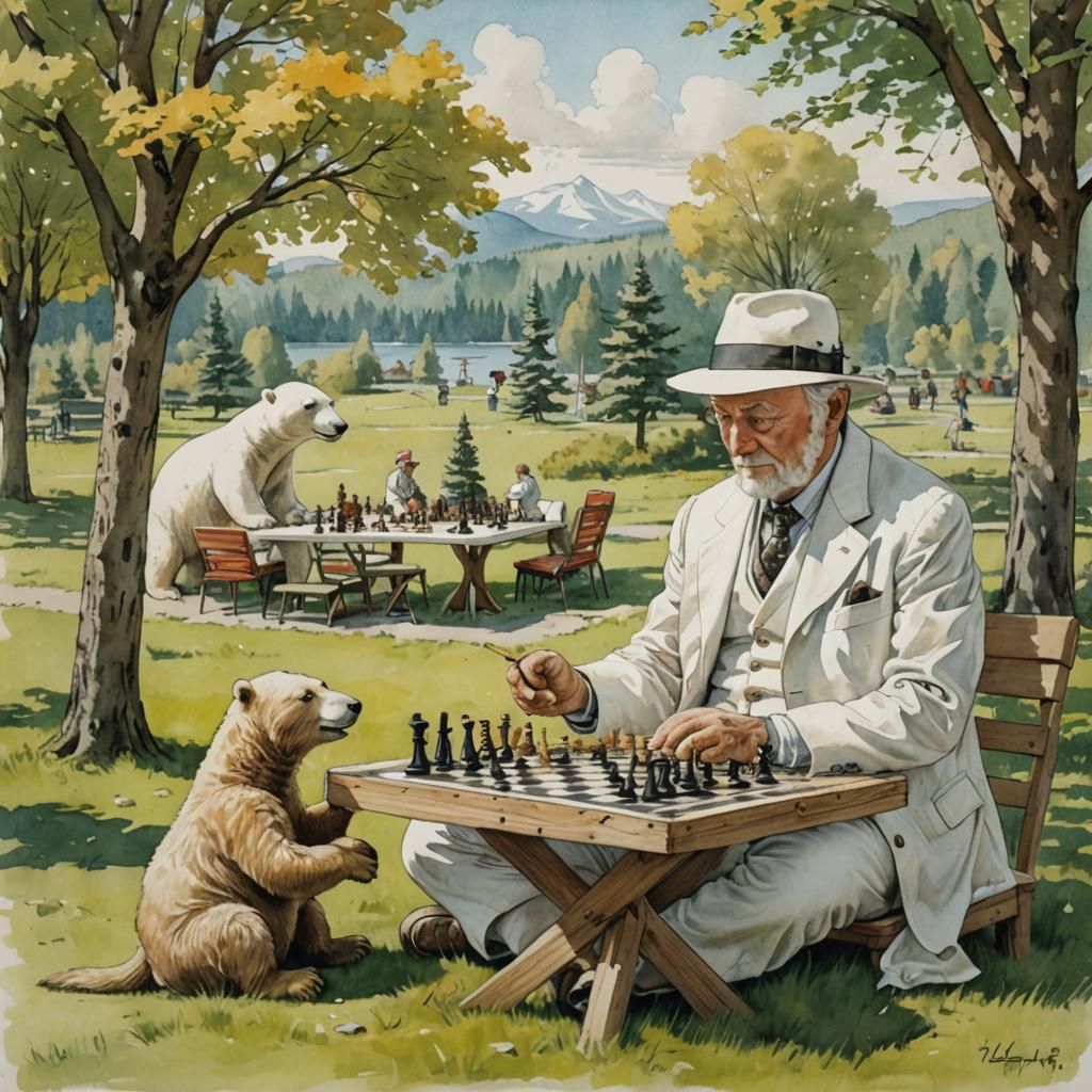 Chess Game in the Park: Humorous Pencil Sketch