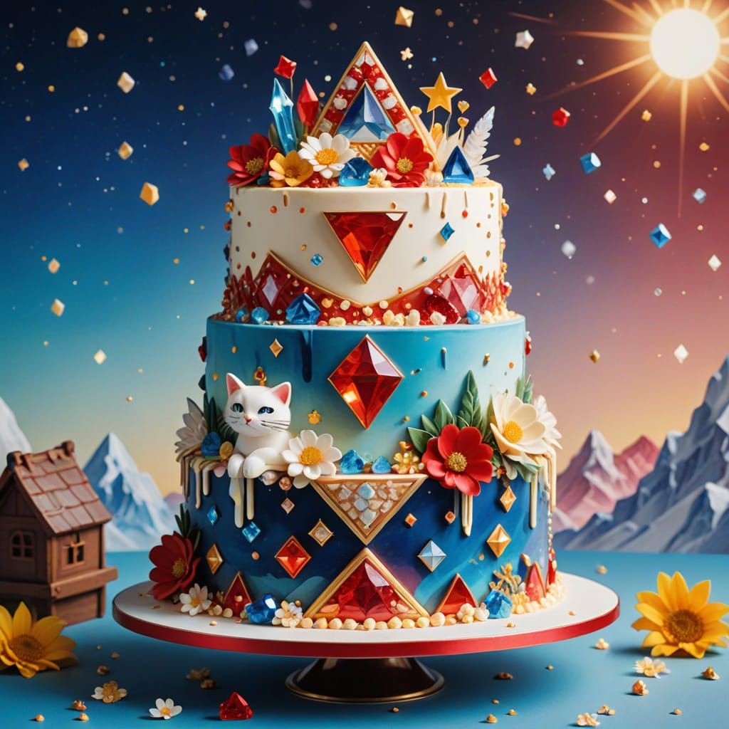 Elaborate Gem-Studded Cake with Magical Sun Background