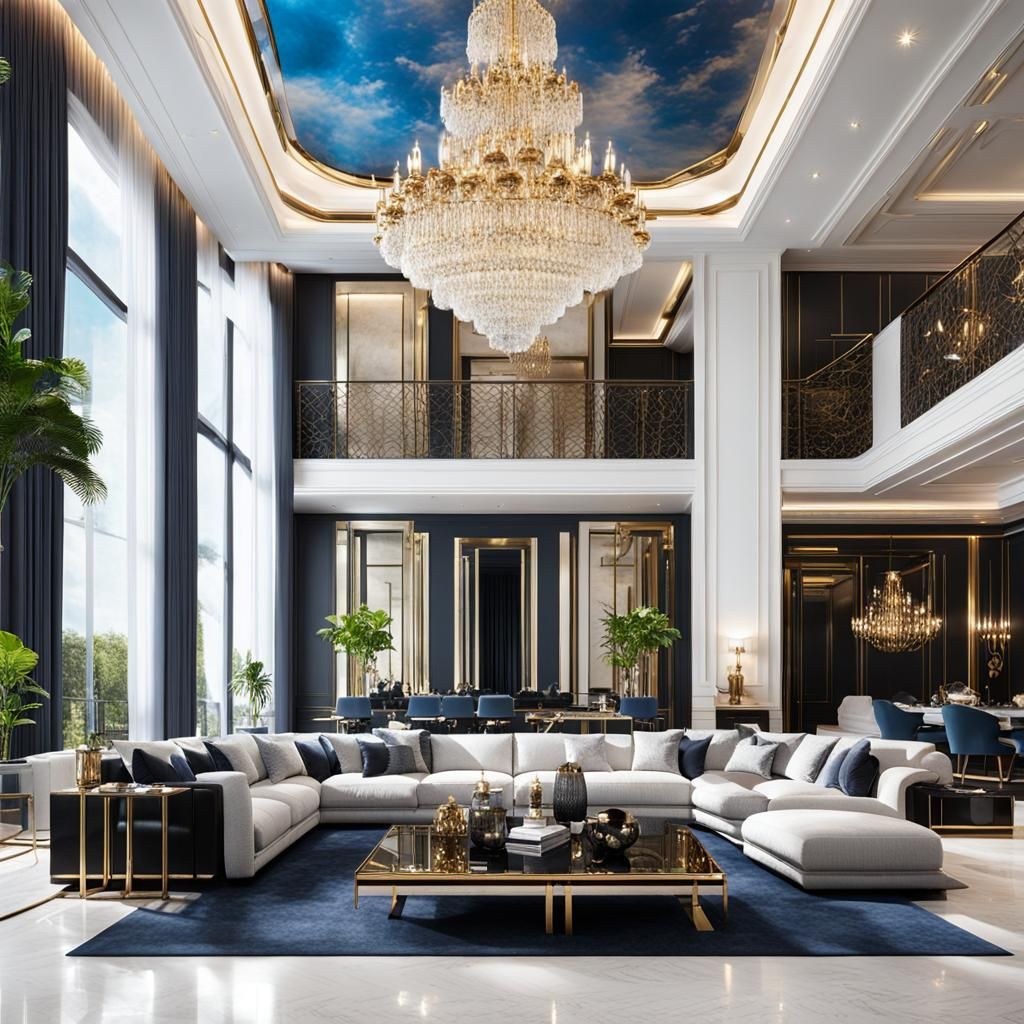 Luxurious Three-Story Living Room in Black and Gold