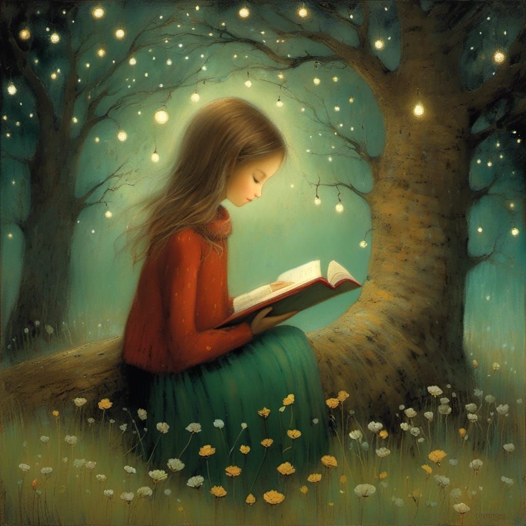 Girl Reading Book Under Tree, Golden Age Illustration