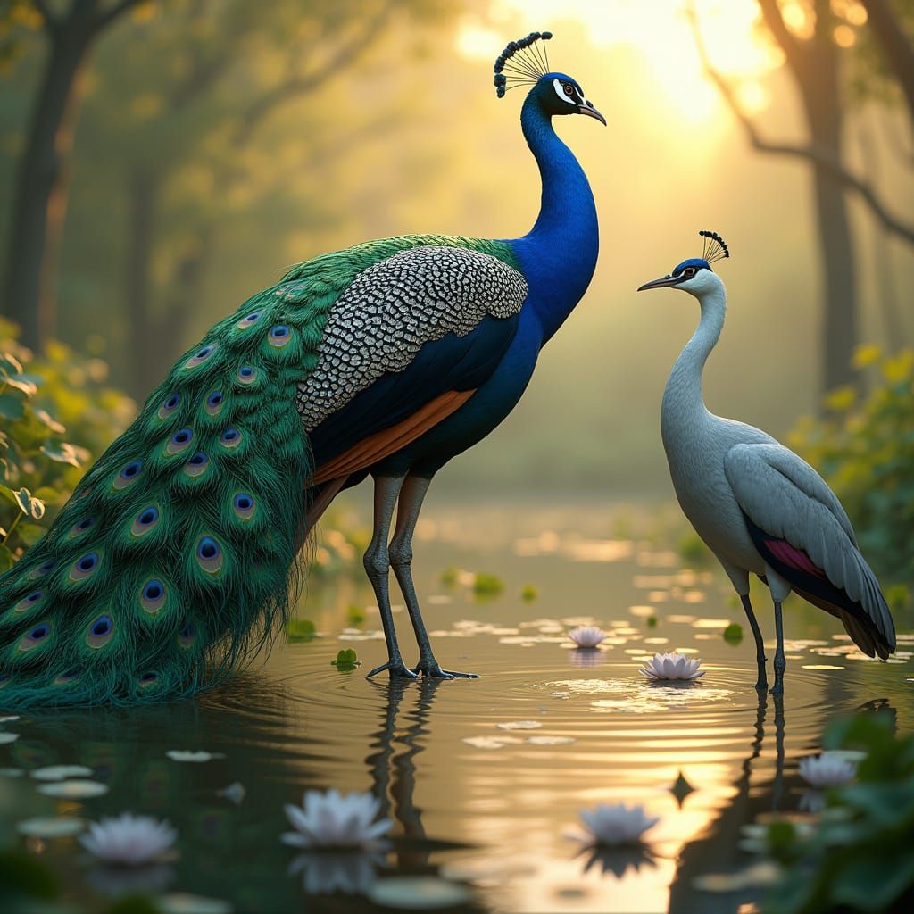 Majestic Peacock Showcases Vibrant Plumage in Lush Wetland S...