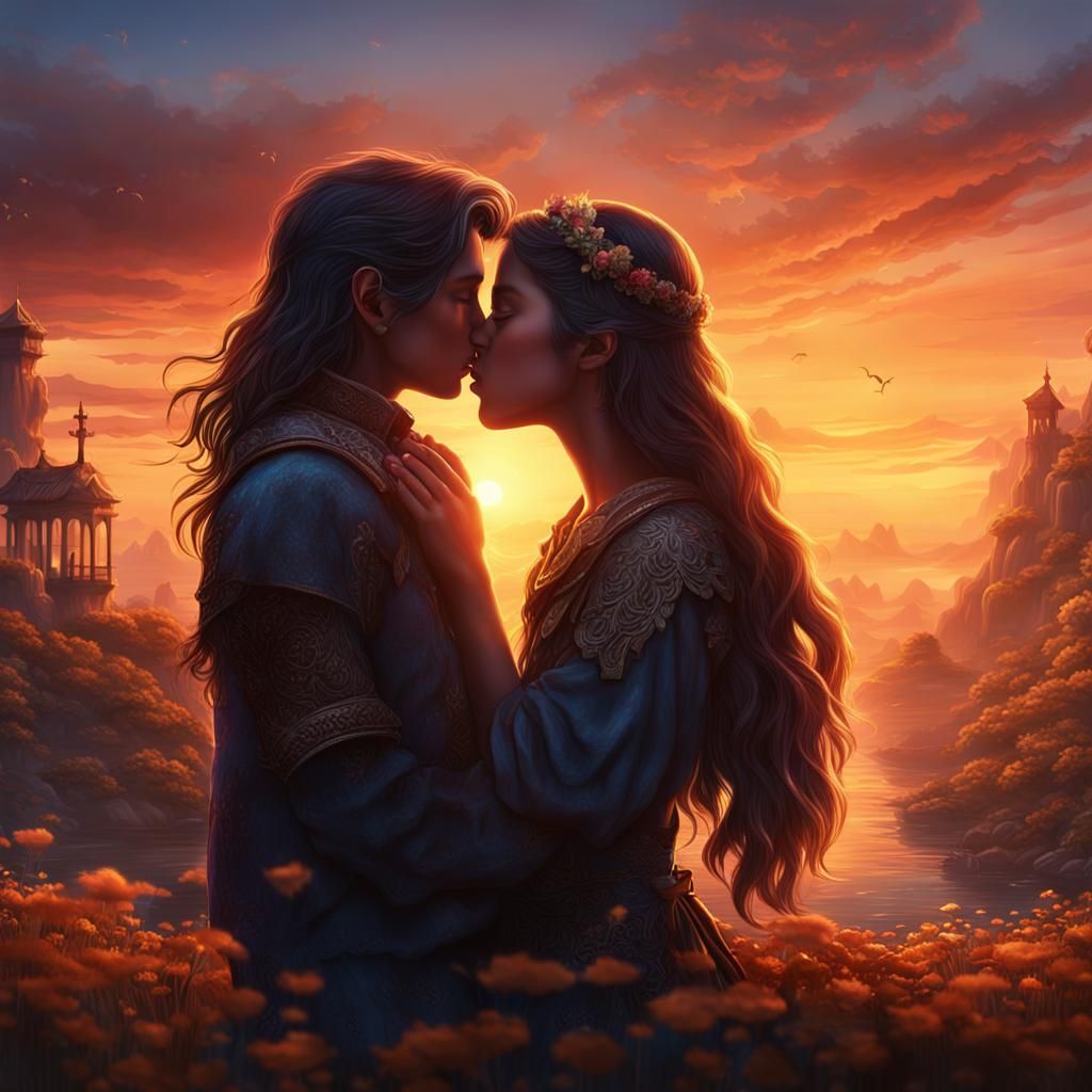 Romantic Sunset Kiss: Fantasy Concept Art