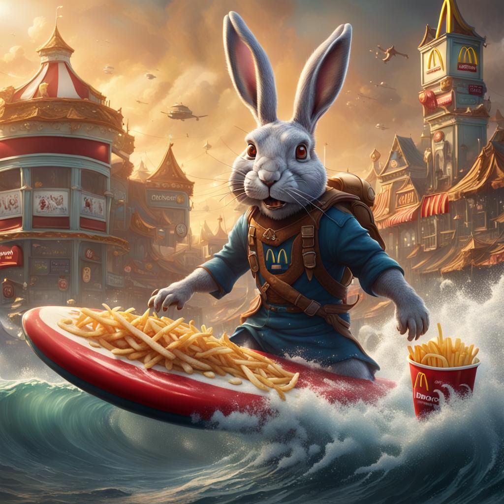 Giant Evil Rabbit Surfing, Detailed Matte Painting