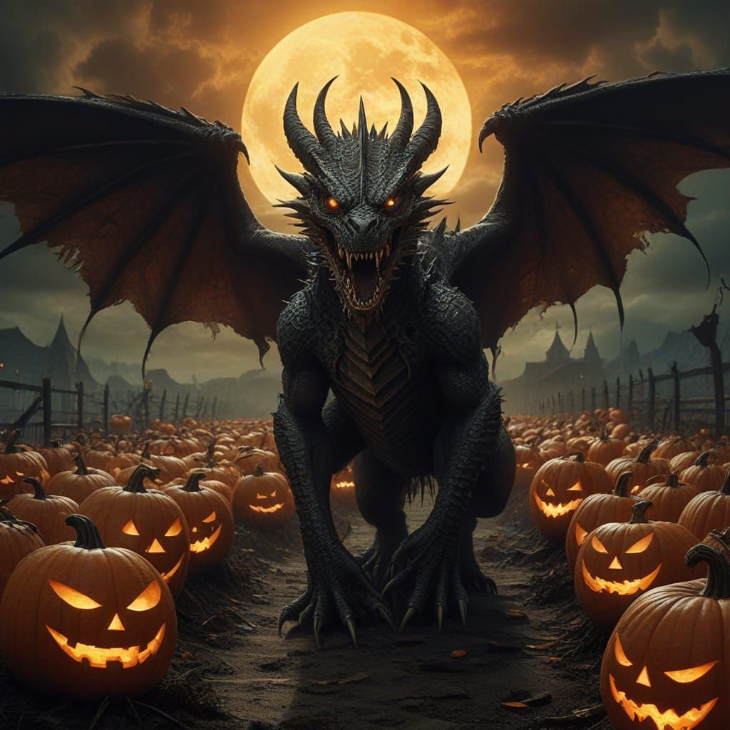 Dragon Emerging From Halloween Pumpkin Patch in Eerie Oil Pa...