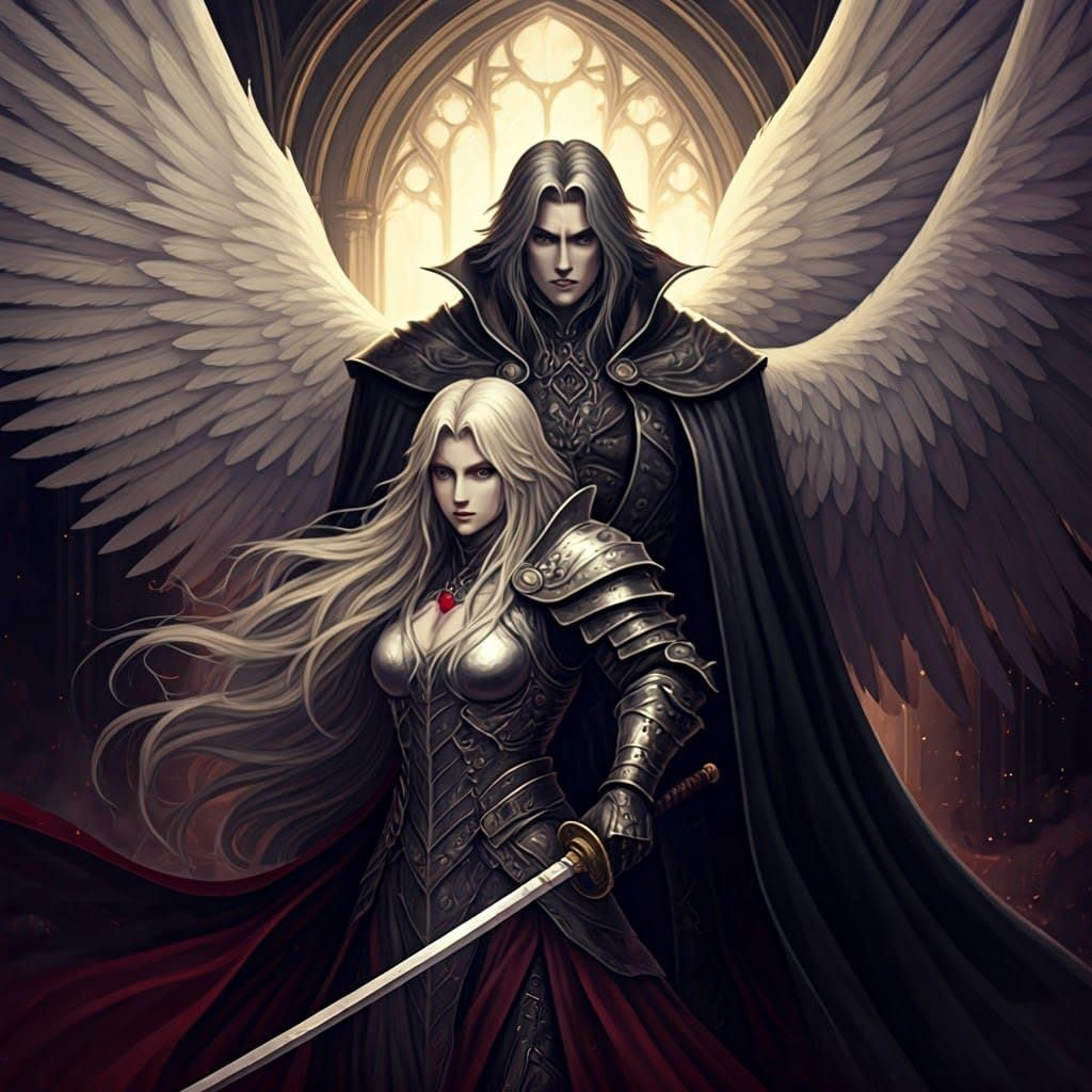 Gothic Anime Action Scene with Angelic Figures