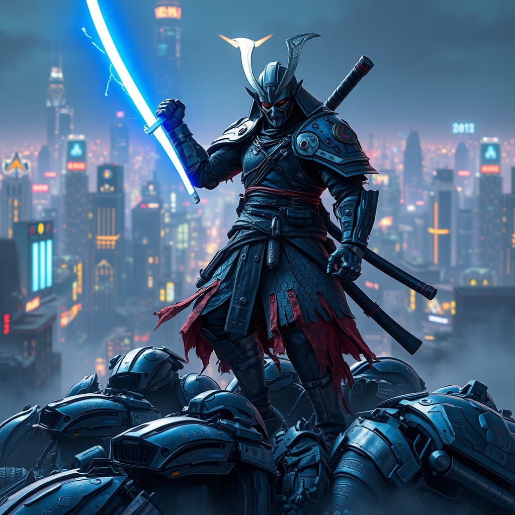 Cyberpunk Samurai Warrior on Robot Mountain