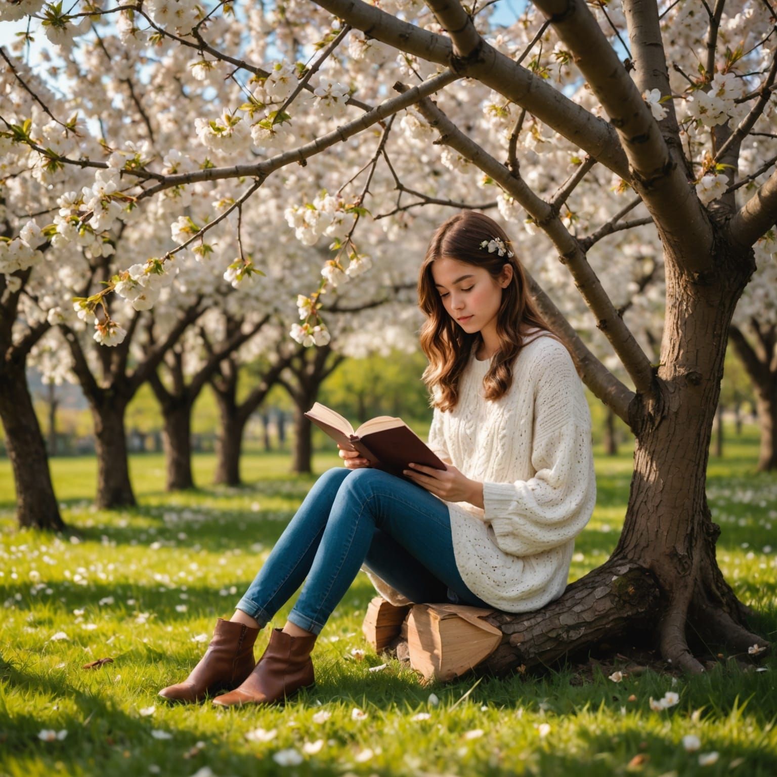 Girl Reading Book in Blooming Cherry Tree