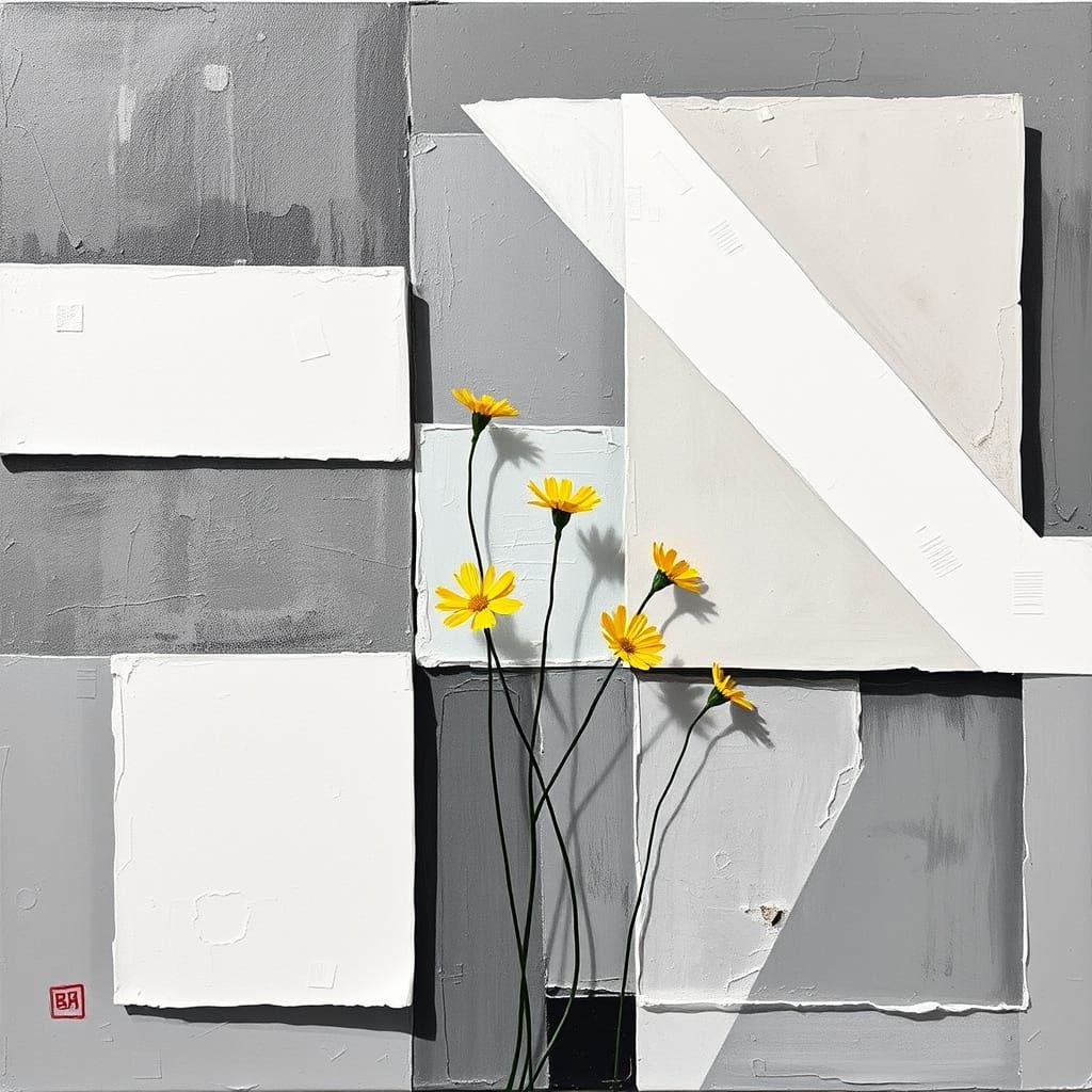 Abstract Cubism: Geometric Canvas with Yellow Flowers