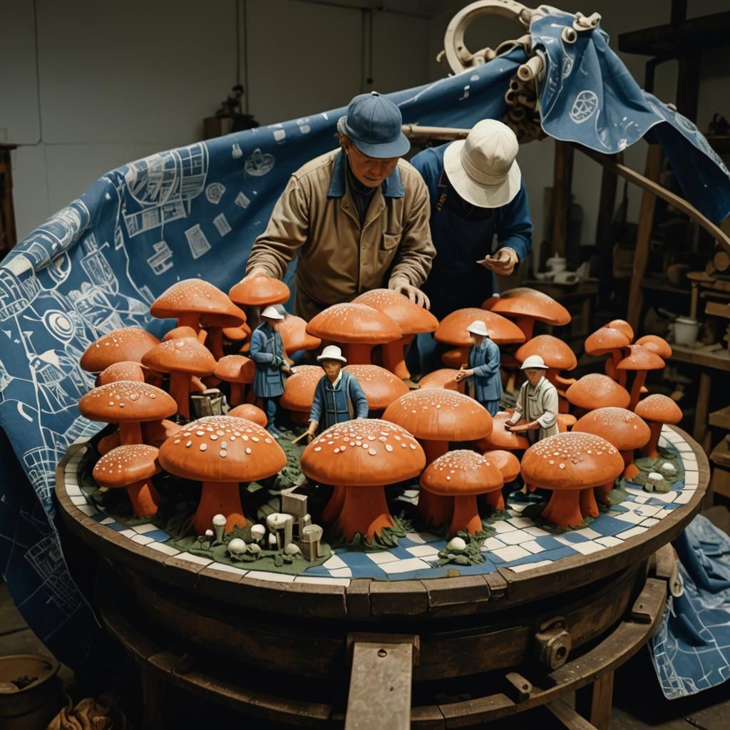 Baroque Linocut Print: Mushroom Workers in Workshop