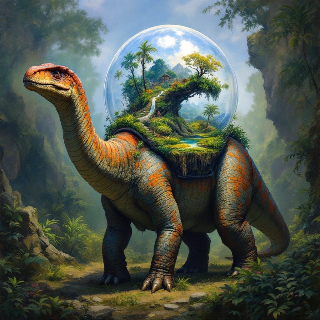 Brontosaurus Carrying Prehistoric World as Oil Painting