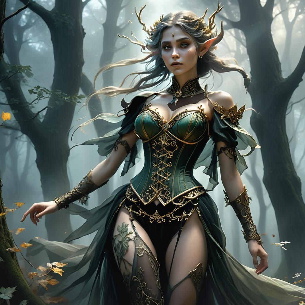 Female Elf Soaring Through Misty Woods