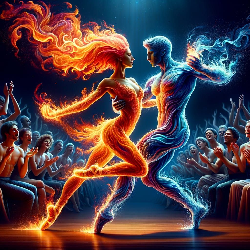 Fiery Ballerina and Water Dancer Tango in Vivid Illustration