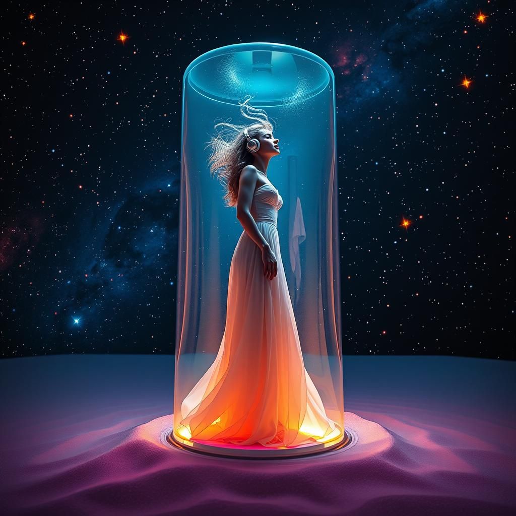 Ethereal Woman in Time Capsule, Hyperrealistic Art