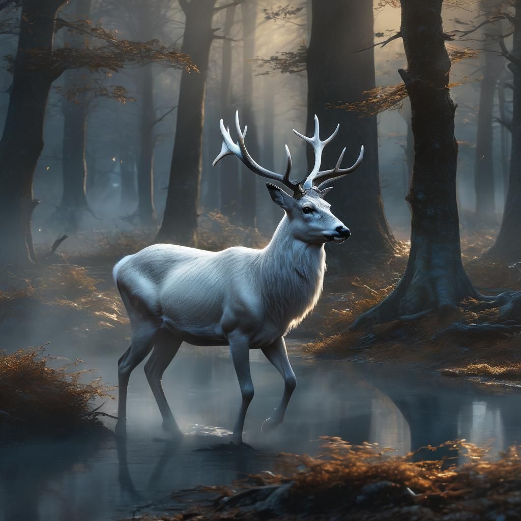 Ethereal White Buck in Misty Forest Concept Art