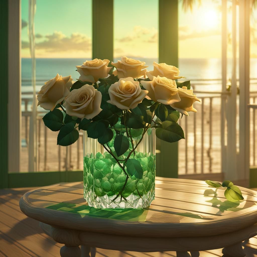 Green Roses in Vase on Beach Cottage Porch
