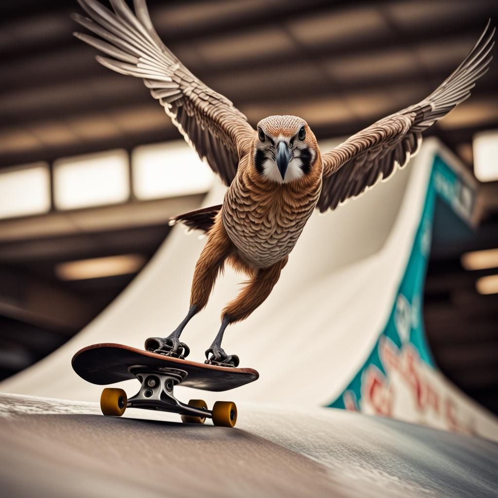 Hyperrealistic Anthro Bird Skating on Halfpipe