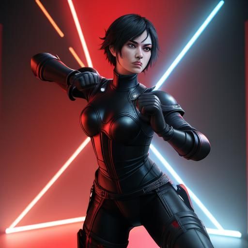 Neon Lit Heroine Strikes Warrior Pose in 3D