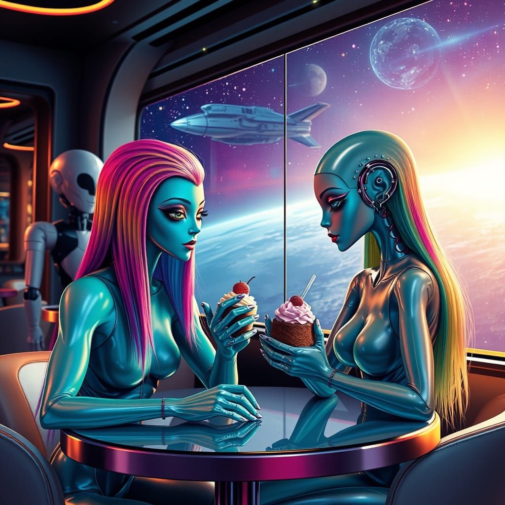 Turquoise Alien Couple in Space Café Enjoying Coffee and Ice...