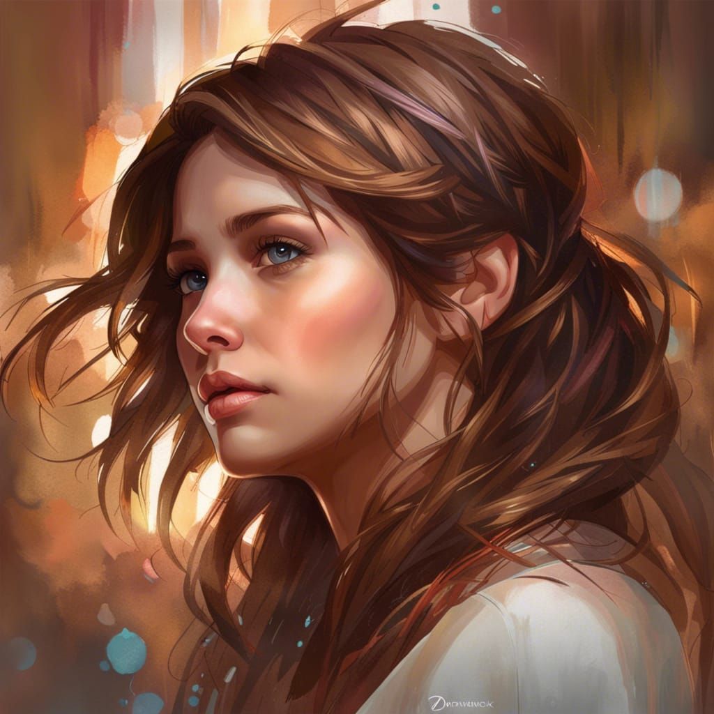 Detailed Portrait of Brown-Haired Girl in Art Nouveau Style