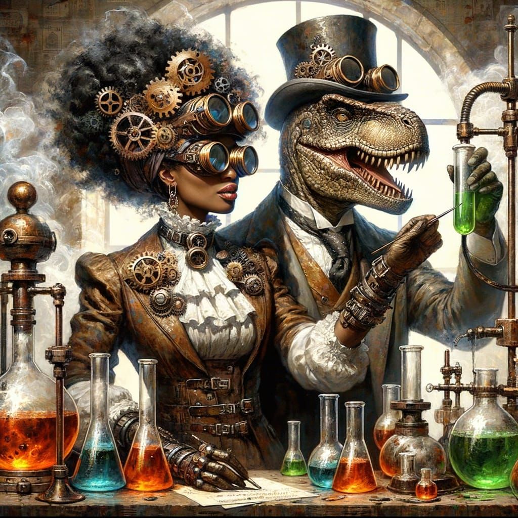 Steampunk Scientist and Dinosaur Assistant in Lab