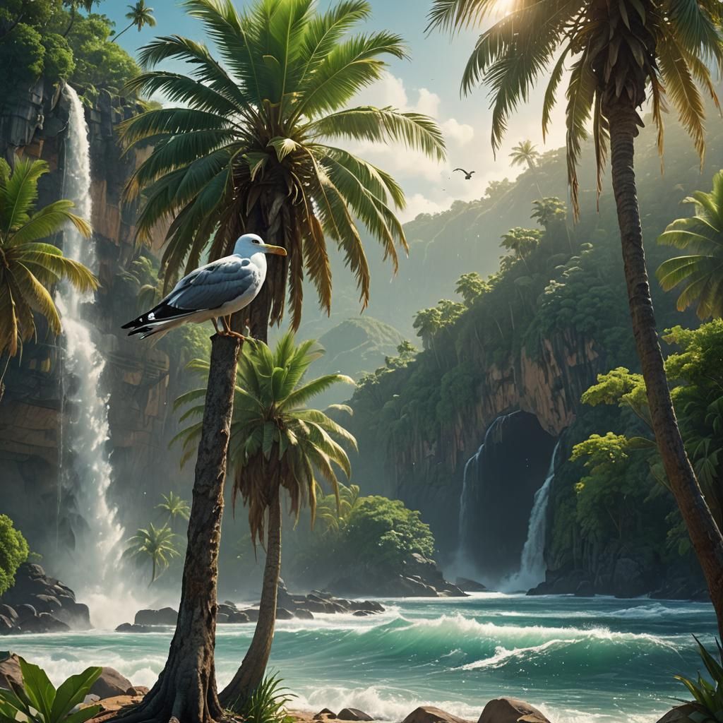 Island Waterfall: Hyper-Realistic Digital Art