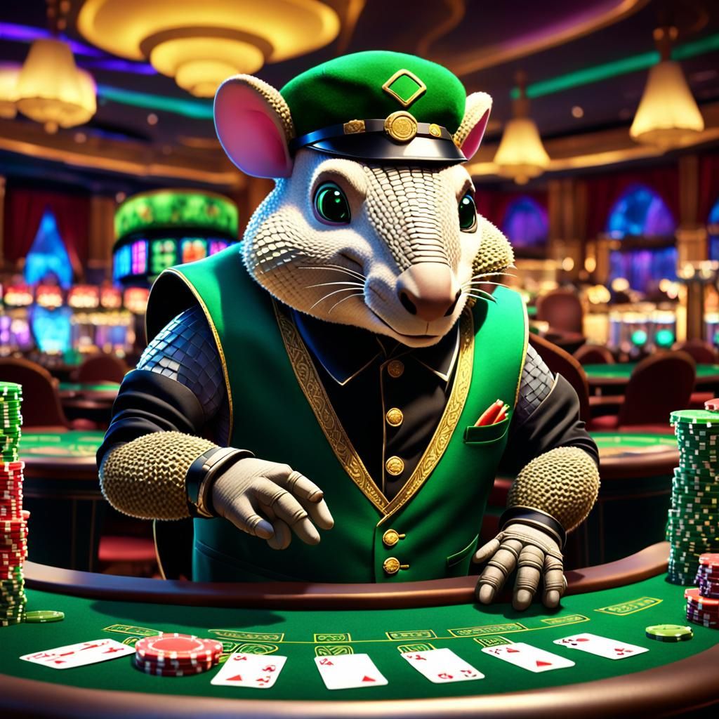 The armadillo is depicted as a blackjack dealer
