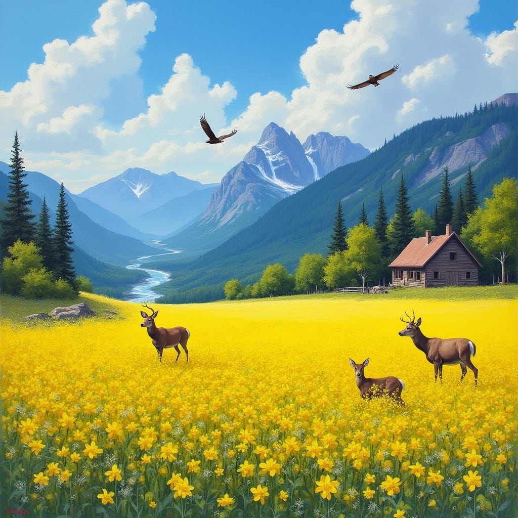 Blooming Canola Field with Wildlife, Impressionist Style