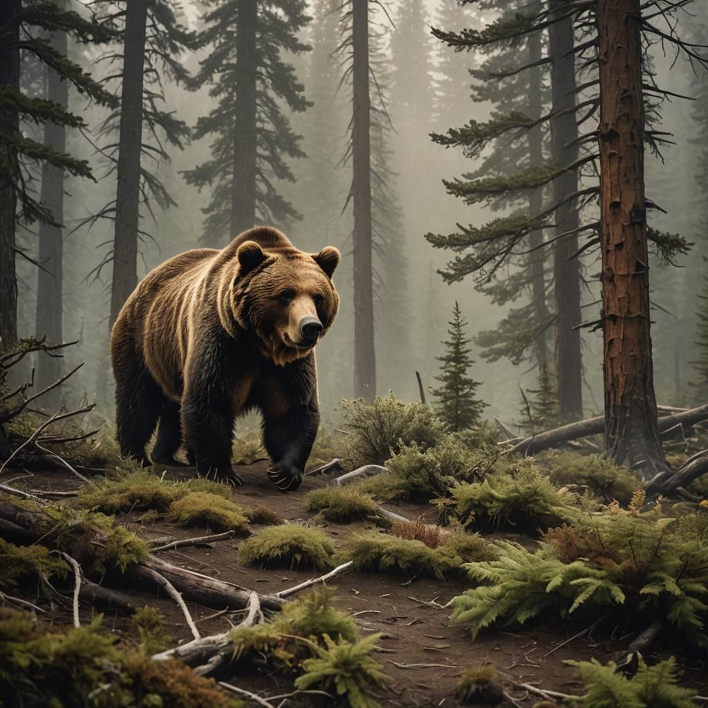 Grizzly Bear in Misty Forest: Ansel Adams Style