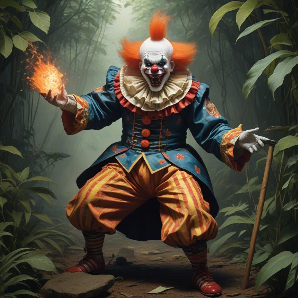 Imposing Clown Dances with Menacing Battleaxe, Set against T...