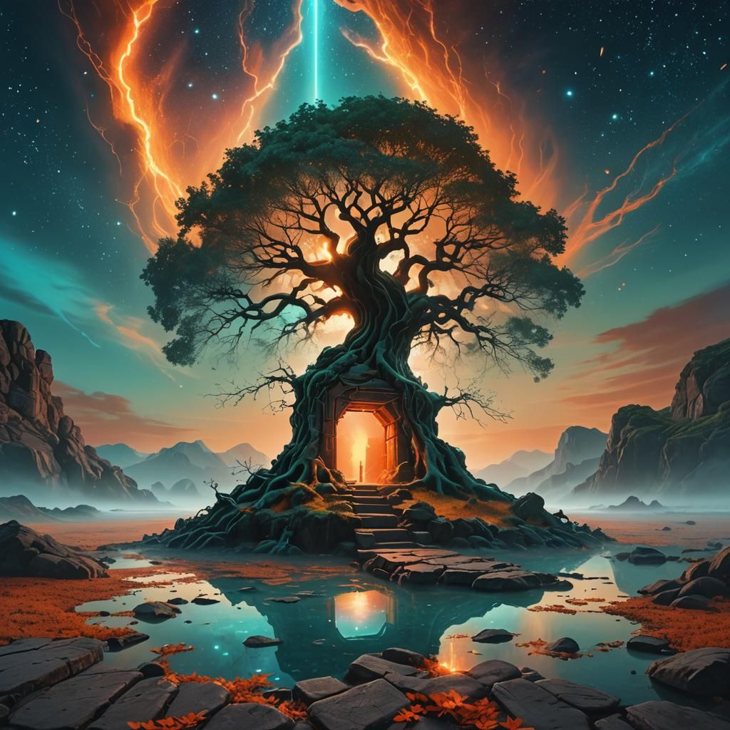 Ethereal Inverted Landscape with Ancient Doorway