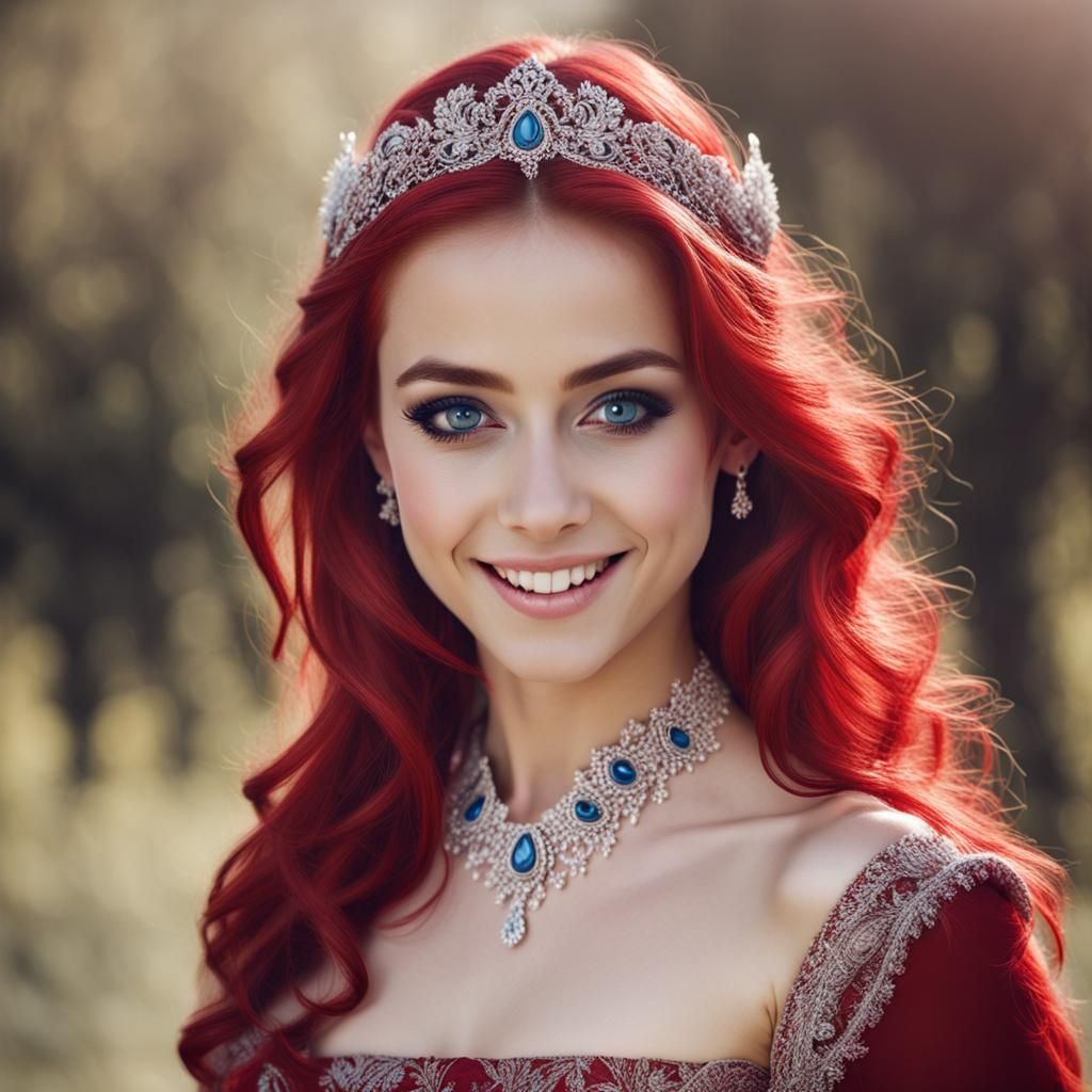 Smiling Redhead Princess in White Dress