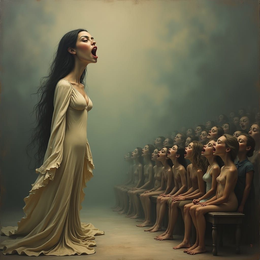 Surreal Soprano Sings to Shadowed Audience in Oil Painting