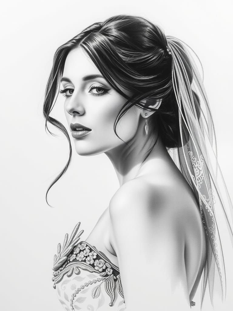Detailed Charcoal Drawing of a Bride on White Paper