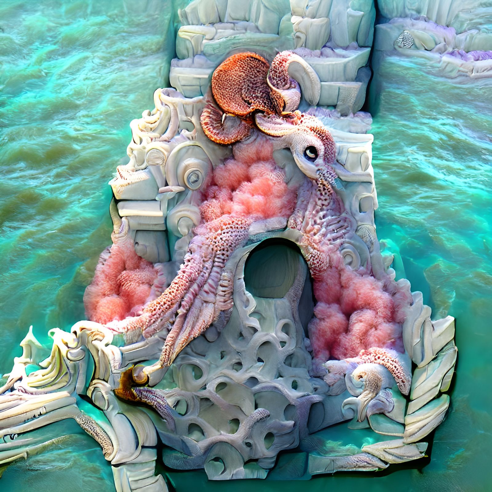 Holographic Cosmic Octopus Palace in Mixed Media