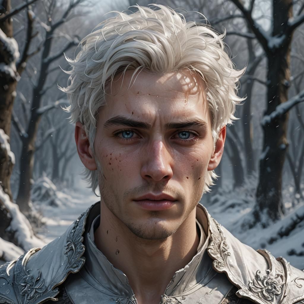 Hyperrealistic Portrait of a Young Man with White Hair