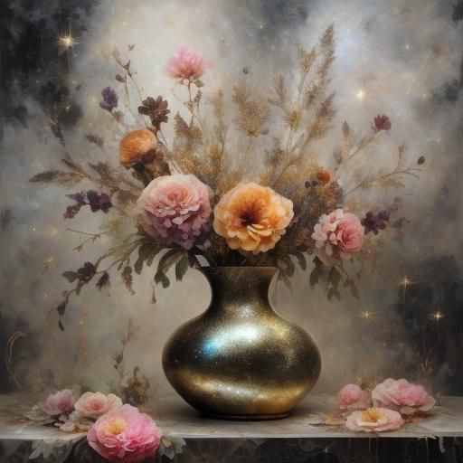 Bronze Vase with Flowers in Hazy Oil Painting Style