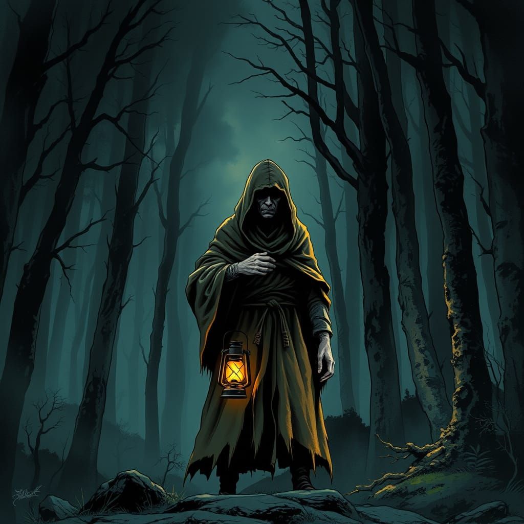 Ominous Forest Traveler in Dark Comic Style