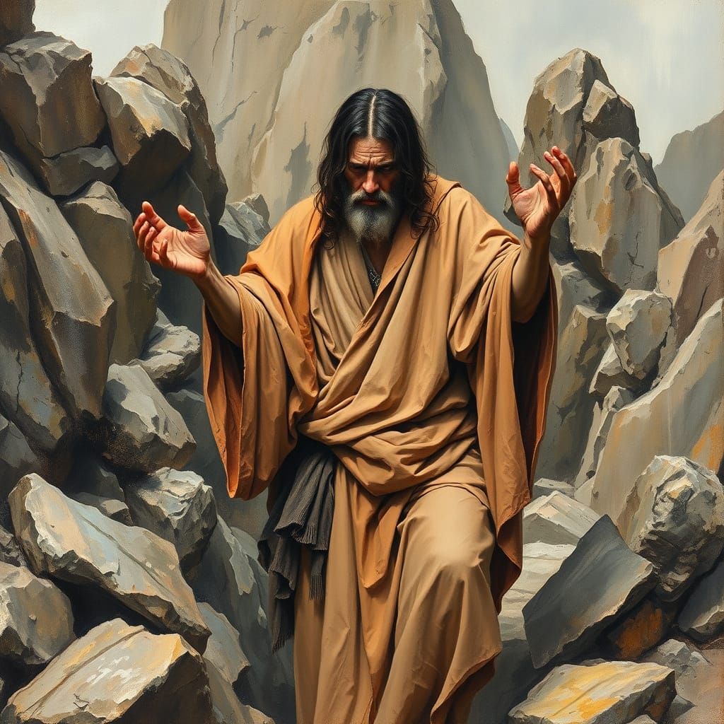 Melancholic Figure Rending Rocks: An Expressionist Gouache M...